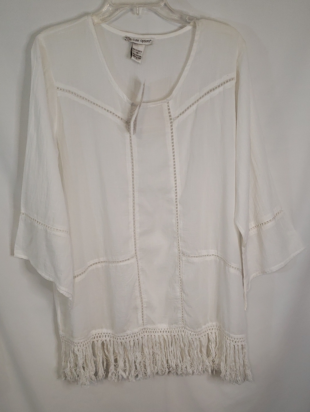 Cute Options Fringed Long Sleeve Cotton Tunic Top, Medium